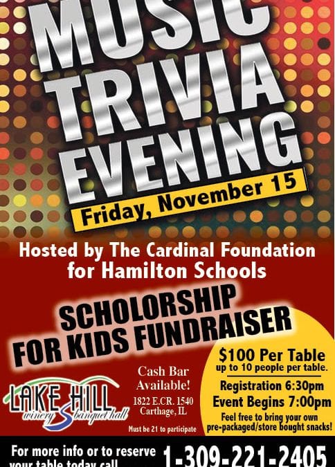 Get your team together for our annual Music Trivia Night! Register your table of 10 for $100. Must be at least 21. All proceeds go to scholarships for Hamilton seniors!