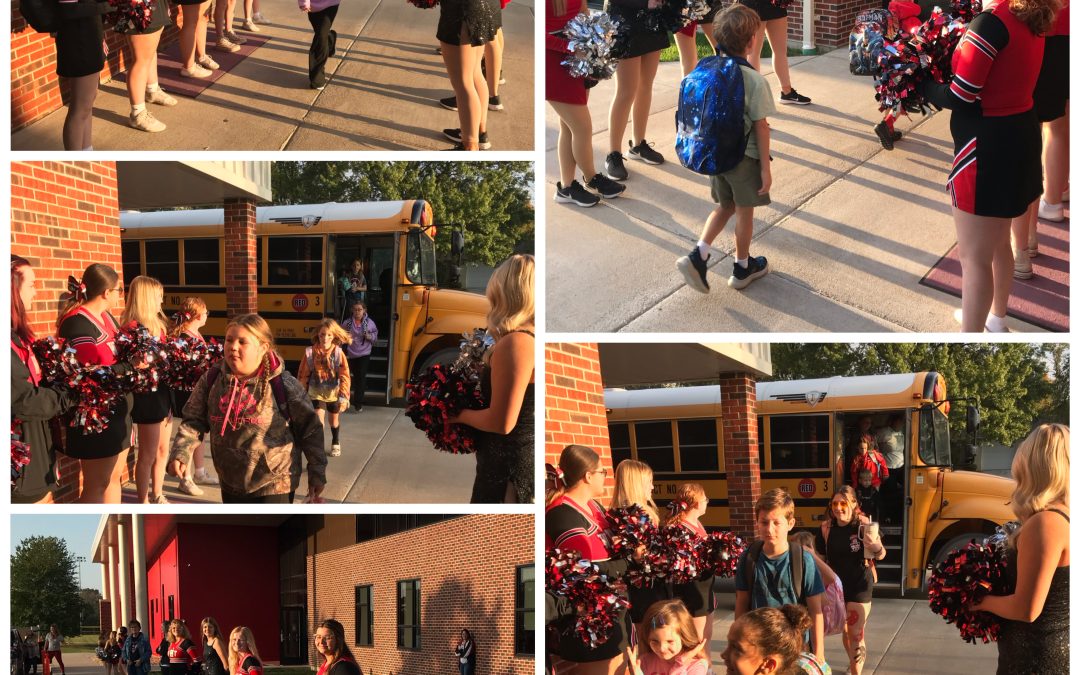 Elementary Students were greeted this morning by the Cheerleaders and the Dance Team